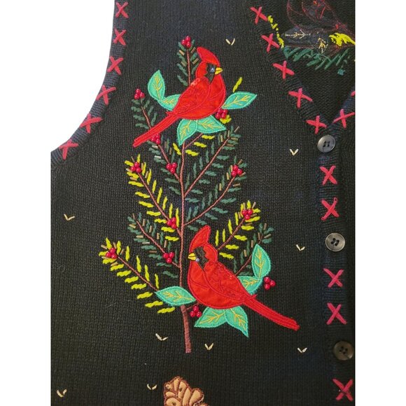 One Resource Women’s VTG Holiday Black Sweater Vest w/ Cardinals and Details - L - Picture 4 of 5
